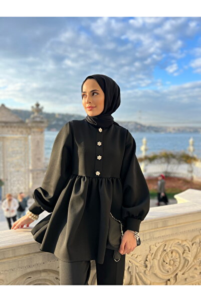 SSDESİNG Μαύρο Scuba Tunic και Παντελόνι Hijab - Λεπτομέρεια από πέτρα