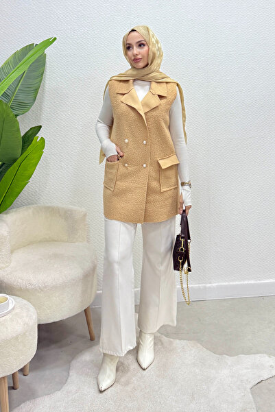 Tesettür Diyarı Cepli Düğmeli Buklet Astarsız Tesettür Yelek- Vizon