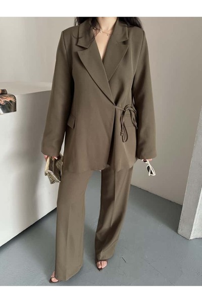 MYGİYİMİSTANBUL Blazer Jacket Wide Leg Pants Set with a Wide Fabric Belt Tied at the Waist