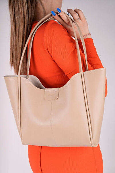 bakacstore Bej Krem Suni Deri Cüzdanlı Makyaj Çantalı Kadın El ve Omuz Çantas...