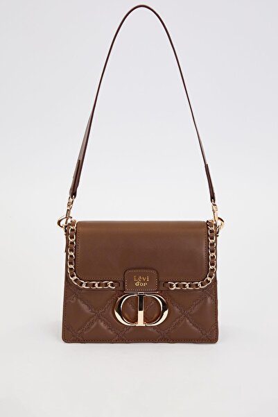 Levidor Two-Compartment Quilted and Chain Detailed Flap Long Strap Medium Size Women's Shoulder Bag Lv930579 Brown