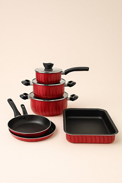 Store7 Non-Stick 9-Piece Cookware Set - Modern Red Design with Glass Lid
