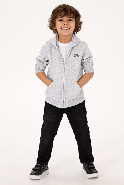 U.S. Polo Assn. Boy's Light Gray Knitted Zippered Hooded Cardigan 50313852-Vr001