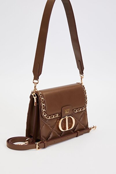 Levidor Two-Compartment Quilted and Chain Detailed Flap Long Strap Medium Size Women's Shoulder Bag Lv930579 Brown
