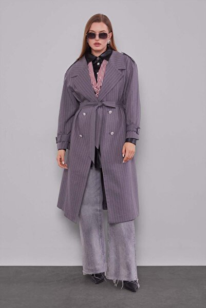 Levidor Καμπαρντίνα με ριγέ ανθρακί με κούμπωμα με ζώνη