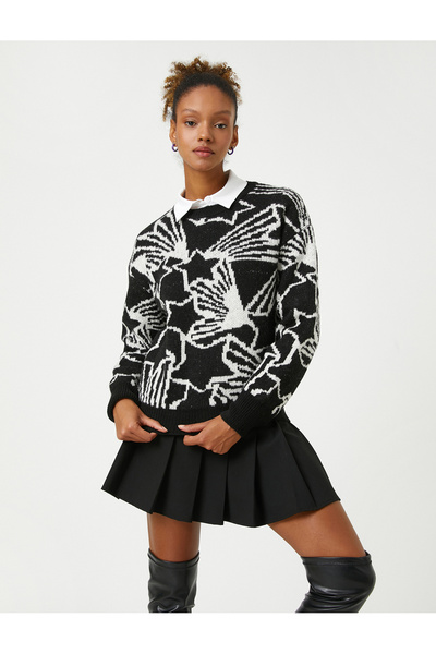 Koton Pulover tricotat cu gât rotund, cu mânecă lungă, model stea