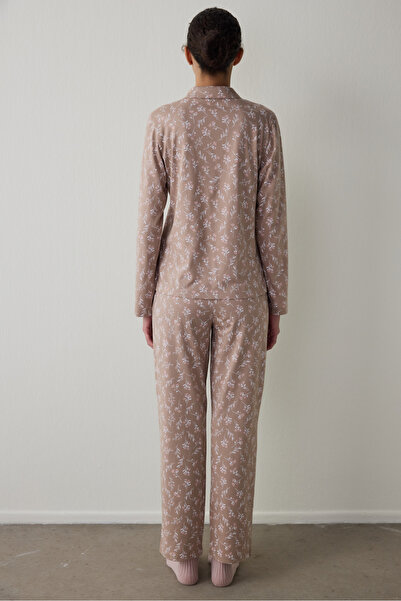 Penti Beige Flower Time Shirt Collar Cotton Long Sleeve Pajama Set