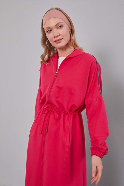 Levidor Fuchsia Hooded Glitter Stripe Waist Drawstring Ferace