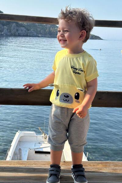 Breeze Erkek Bebek Kapri Takım Sevimli Ayıcık Nakışlı 9 Ay-3 Yaş, Sarı