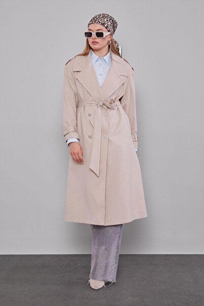 Levidor Μπεζ ριγέ καμπαρντίνα με κλείσιμο με κορδόνι