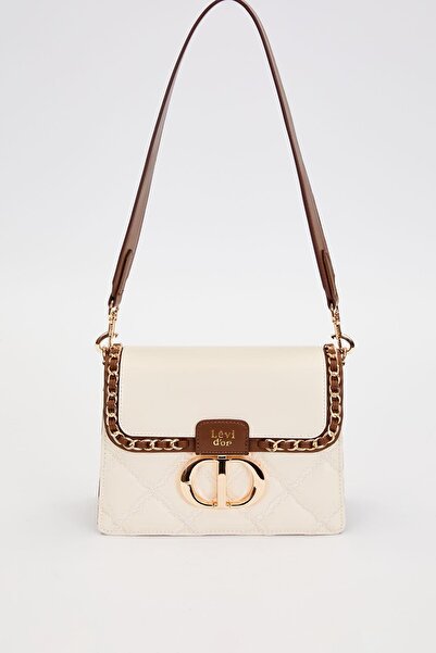 Levidor Two-Compartment Quilted and Chain Detailed Flap Long Strap Medium Size Women's Shoulder Bag Lv930579 Cream