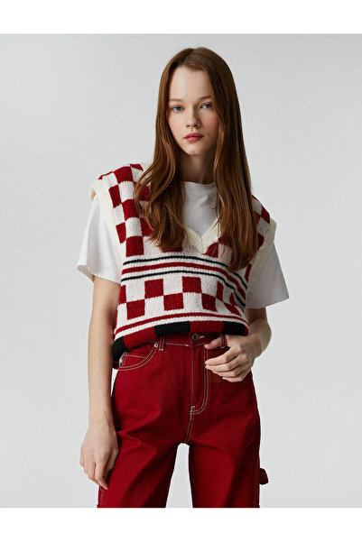 Koton Gestrickter Pullover mit V-Ausschnitt, gemustert, gerippt