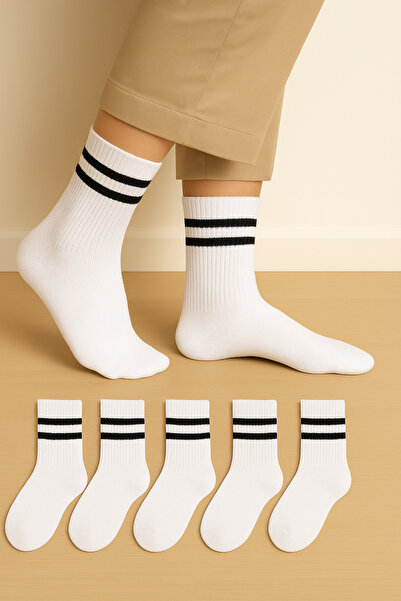 UZN SOCKS Unisex Beyaz Siyah Çizgili Kolej Stil Spor Çorap – 6’li Paket YÜKSE...