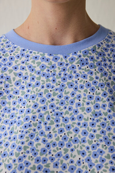 Penti Blue Floral Pattern Crew Neck Cotton Long Sleeve Pajama Set