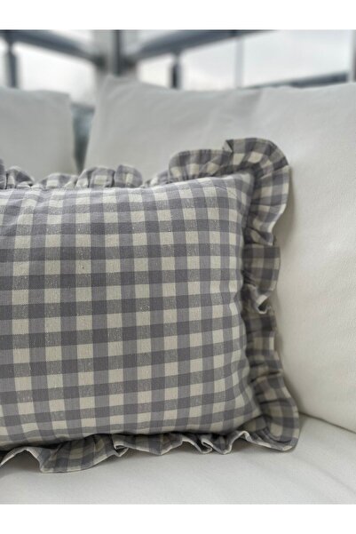 Decamor home Vintage Frilly Gingham Linen Gray Throw Pillow Cover Bohemian Throw Pillow Cover 1 Pc