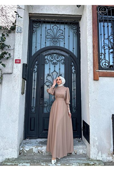 ENKA BUTİK تنورة مطوية بأكمام بالون فستان حجاب مفصل