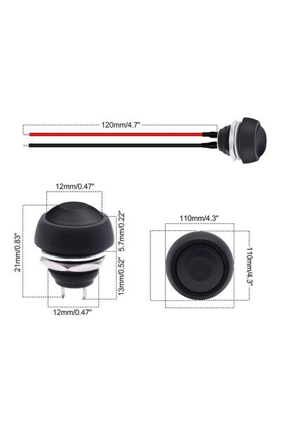 Genel Markalar 12mm Pbs-33b 2 Pin Push Buton Siyah 20cm Kablolu On Off 1a 250v Mini Yuvarlak Su Geçirmez Anahtar