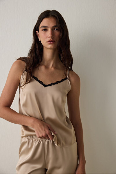 Penti Beige Concept Lace Satin V-Neck Adjustable Strap Pajama Set