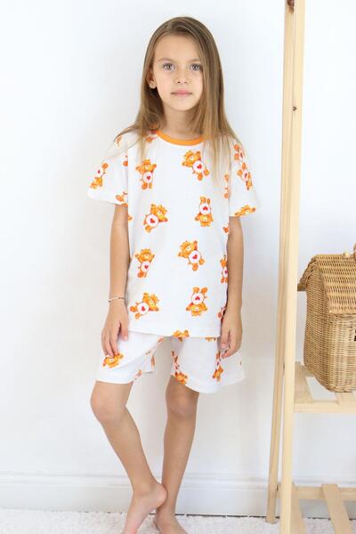 Breeze Set pijamale albe pentru fete - pantaloni scurți, modele inimioare și ursuleț, 4-8 ani