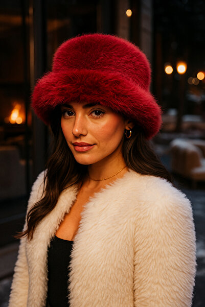 Luminos Butik Burgundy Thick Plush Kalpak Hat Beanie - Warm Keeping Stylish Outdoor Cold Protection Spk1143