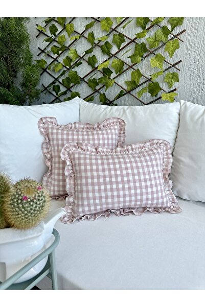 Decamor home Vintage Ruffled Gingham Linen Pink Throw Pillow Cover Bohemian Throw Pillow Case 1Pc