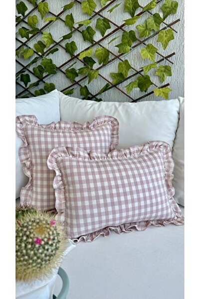 Decamor home Vintage Ruffled Gingham Linen Pink Throw Pillow Cover Bohemian Throw Pillow Case 1Pc