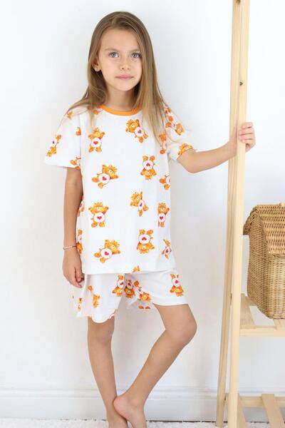 Breeze Set pijamale albe pentru fete - pantaloni scurți, modele inimioare și ursuleț, 4-8 ani