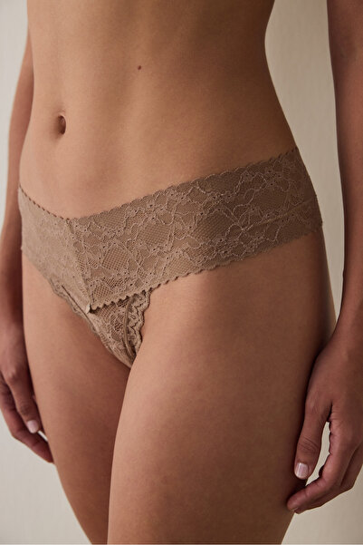 Penti Light Brown Lace Regular Waist Thong Panties