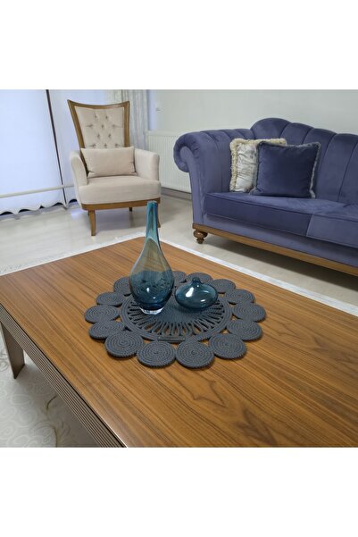 LinaHouse El Örgüsü Antrasit Jüt İp Yuvarlak Çiçek Desenli Runner – Dekoratif...