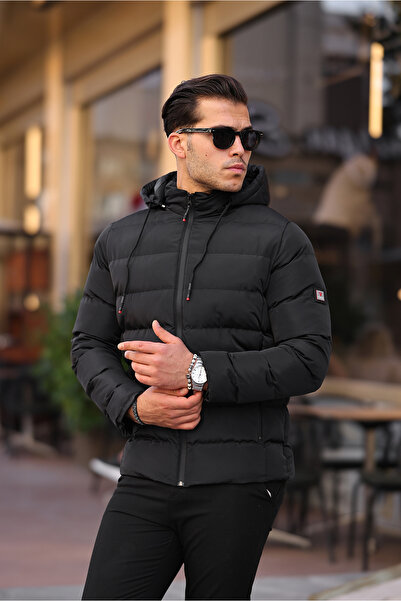 Mero Life Мъжко черно прилепнало яке и палто с качулка и яка