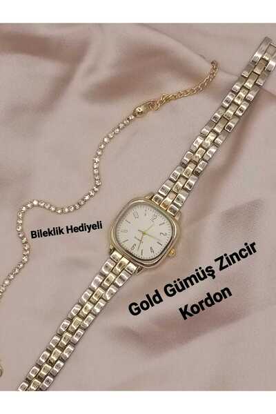 QUARTZ ساعة يد نسائية بتصميم خاص طراز عتيق بسوار فولاذي فضي-ذهبي - مع سوار هد...