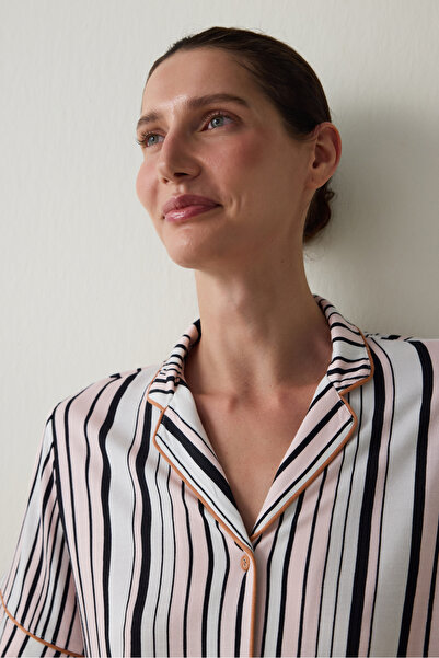 Penti Aging Collagen Striped Shirt Collar Short Sleeve Pajama Set