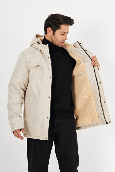 D1fference Erkek Bej Kürklü Kapüşonlu Su İtici Rüzgar Geçirmez Cep Fermuarlı ...