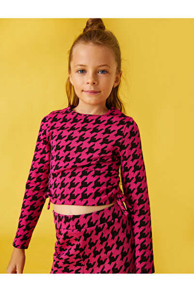 Koton Crop T-Shirt Houndstooth Pattern Long Sleeve