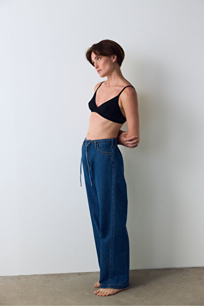 Penti Koyu Denim Relax Yüksek Bel Bağlama Detaylı Pantolon