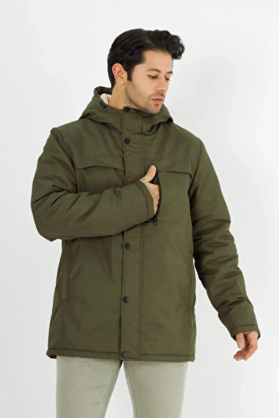 D1fference Erkek Haki Kapüşonlu İç Kürklü Su İtici Rüzgar Geçirmez Kışlık Mont & Kaban & Parka