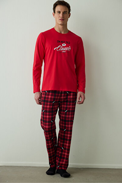 Penti Men's Classic Slogan Printed Cotton Pajama Set