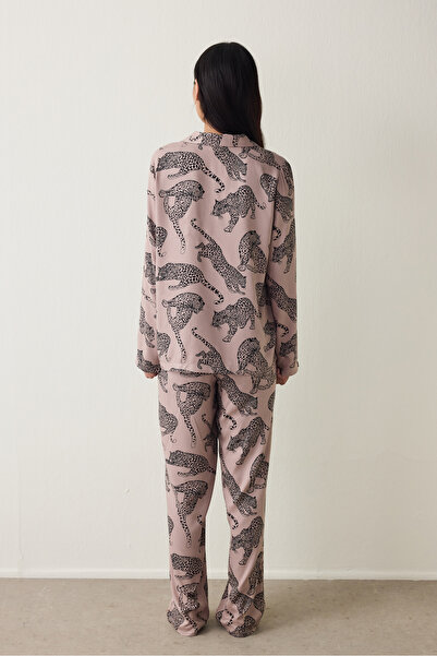 Penti Dark Beige Eva Tiger Print Shirt Collar Pajama Set