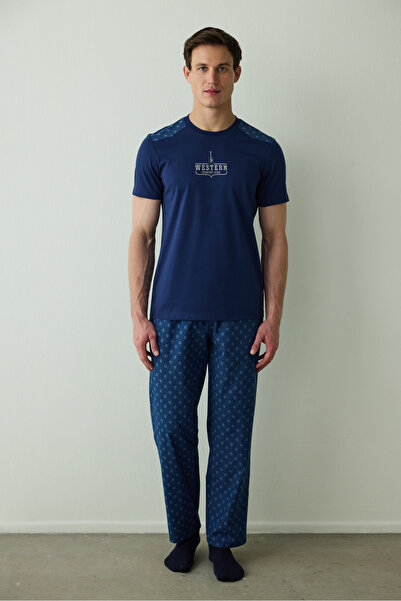 Penti Indigo Men's Western Slogan Short Sleeve Cotton Pajama Set