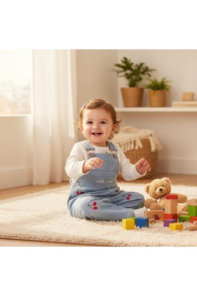 ALTINTAŞ BABY Cherry Embroidered Knitted Denim Fabric Salopet T-Shirt Seasonal Set of 2