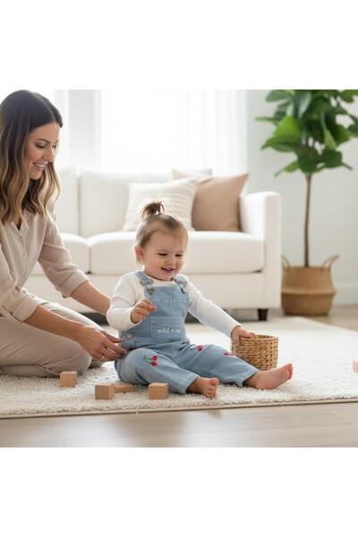 ALTINTAŞ BABY Cherry Embroidered Knitted Denim Fabric Salopet T-Shirt Seasonal Set of 2