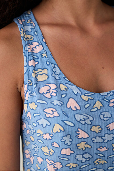 Penti Mavi Pretty Flowers Bisiklet Yaka Kolsuz Şortlu Pijama Takımı