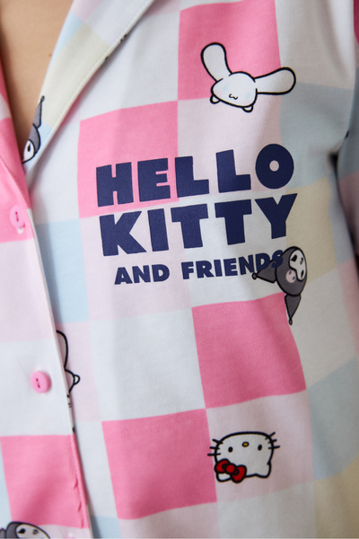 Penti Οπτικό λευκό Hello Kitty καρό πουκάμισο γιακά βαμβακερό κοντομάνικο σετ πιτζάμες