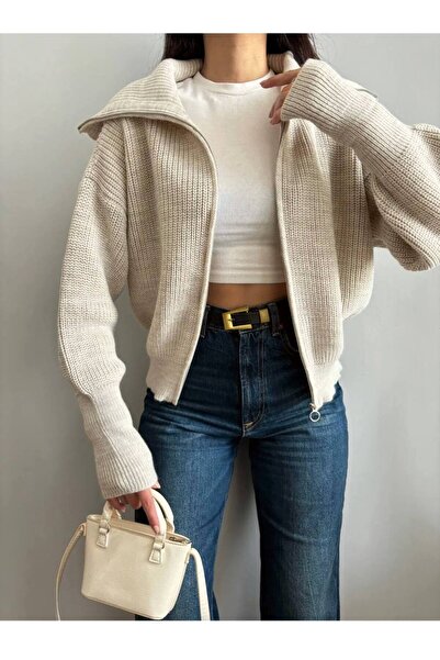 Nopen Knitwear Kadın Bej Devrik Yaka Fermuarlı Triko Hırka
