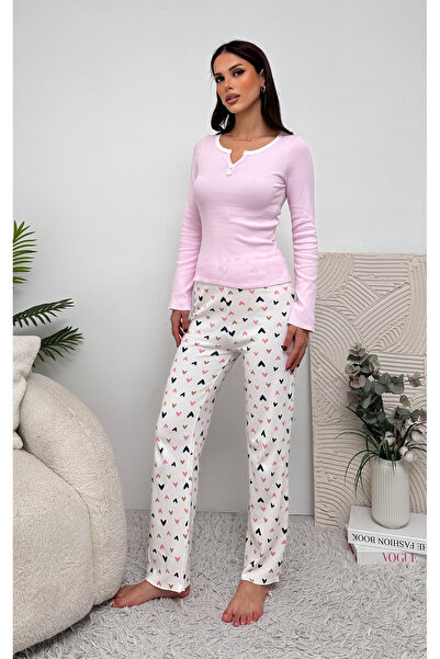 Biraltı Moda Σετ γυναικεία πιτζάμα με μακρύ μανίκι με λεπτομέρεια με κουμπιά ...