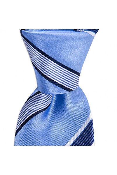 1001 Kravat Mavi Lacivert Çizgili 7,5 cm Genişliğinde Ipek Kravat
