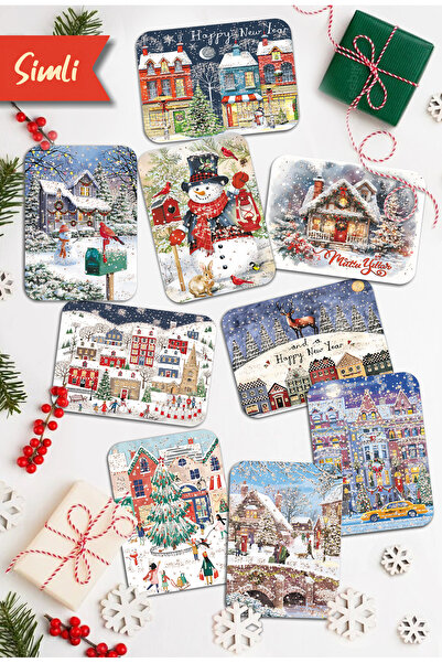 Mia Pera 9lu Simli Yılbaşı Kartpostal Seti Yeniyıl Manzara Kardan Adam Nostalji
