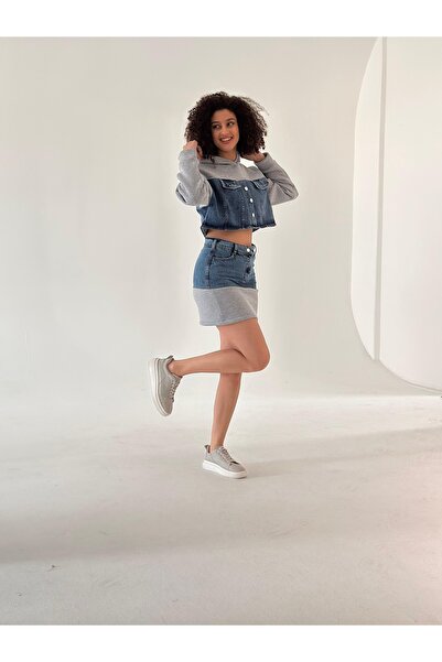 TİLLE Γυναικείο χειμερινό κοστούμι με επένδυση fleece κουκούλα και λεπτομέρεια τζιν με 3 κλωστές