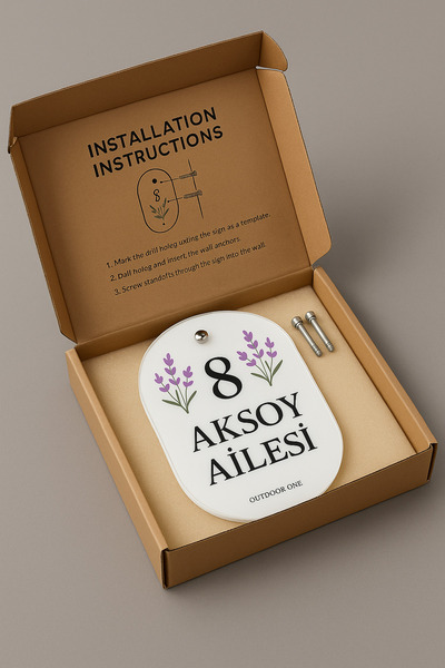 Outdoor One Pleksi Oval Kapı Numarası Lavantalı Tasarım | Kişiye Özel Kutulu Set 25cmx35cm