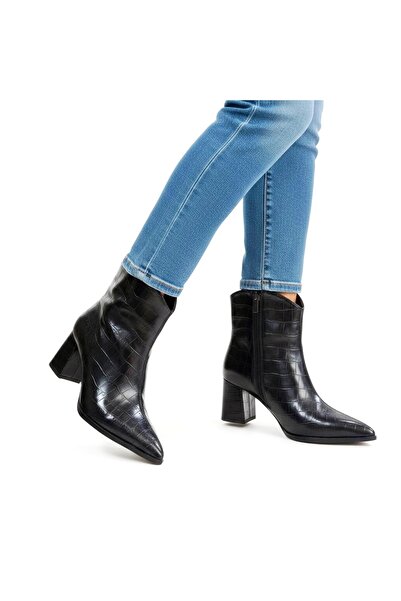 v.s.h velvet Kadın Klasik Kroko Sivri Burun Kalın Topuklu Yandan Fermuarlı Kadın Bot